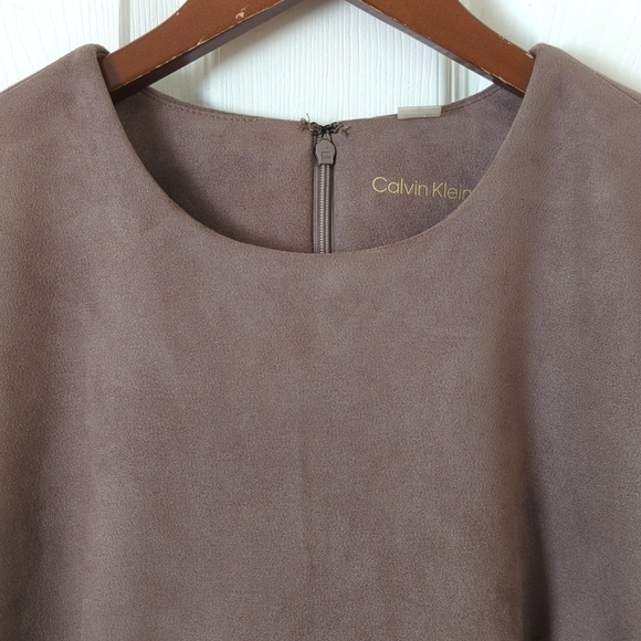 Calvin Klein Faux Suede Round Neck Short Sleeve Pleated A-Line Mini Dress Gray 6 - Picture 3 of 13